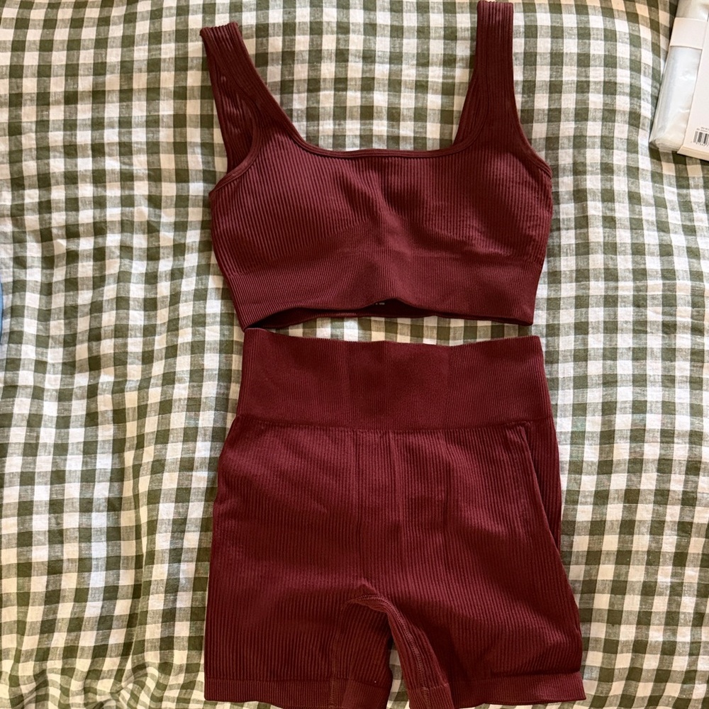 Burgundy Ribbed Two-Piece Workout Set